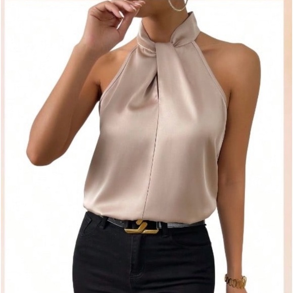 Luxe Satin Mock Neck Halter Sleeveless Top Blouse Shirt Black - Picture 12 of 12